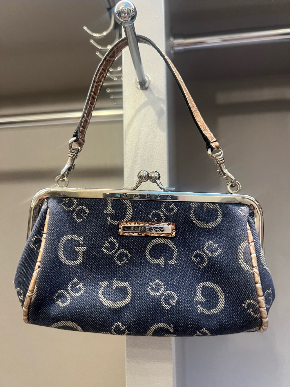 GUESS Navy Monogram Frame-Top Wristlet with Tan Trim
